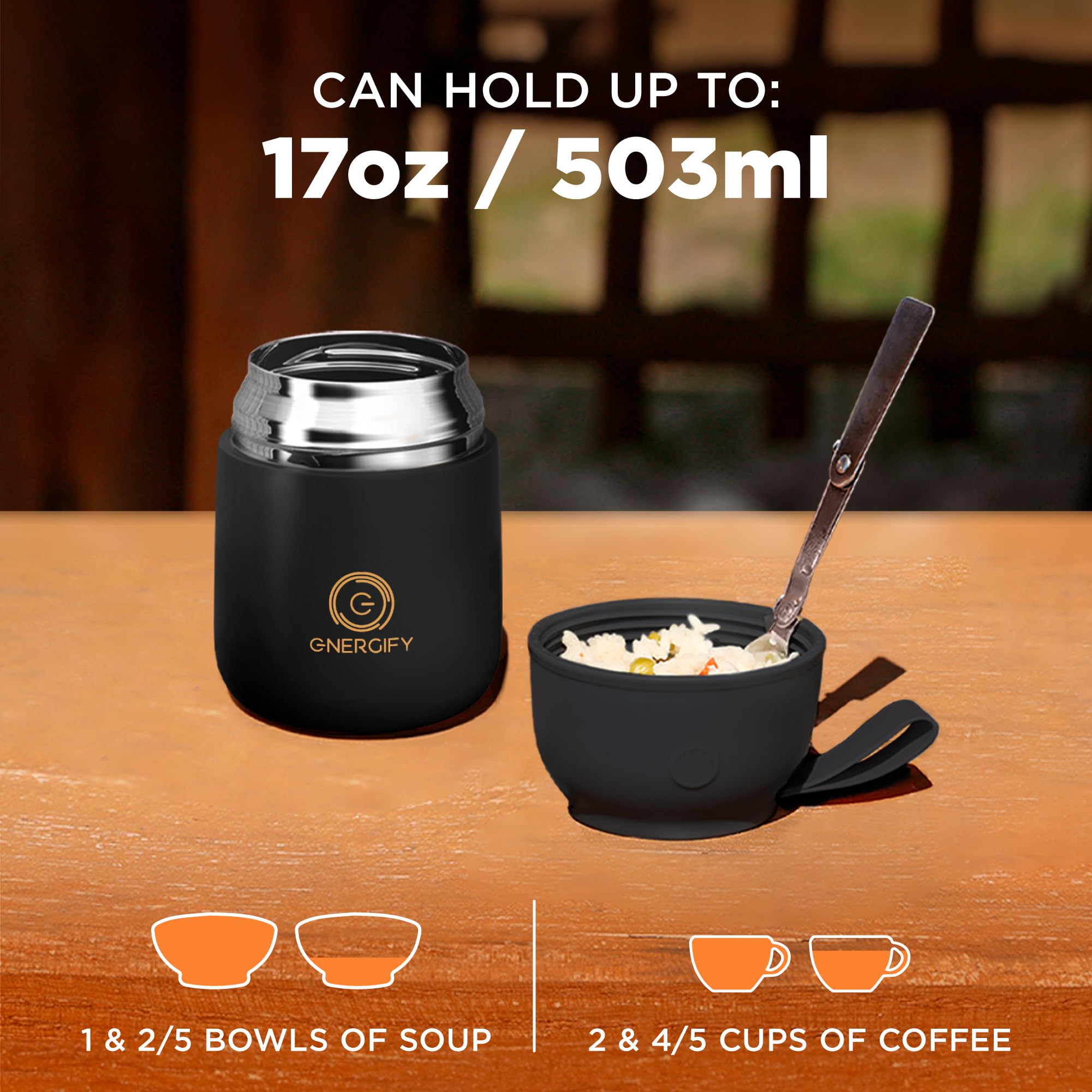 Vacuum Insulated Food Jar. Bowl incl. Folding Spoon, Cup. Wide Mouth Keep Hot & Cold Drinks Soup Lunch Container for Adults. BPA-Free Stainless Steel, Leak Proof Black Matte, 17oz