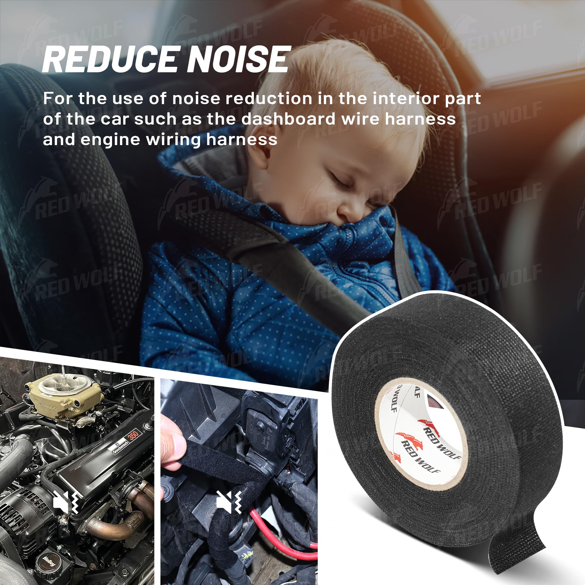 RED WOLF 1 Inch x 50 FT Wiring Harness Cloth Tape 3 Rolls Electric Wire Loom Harness Flexibility High Abrasion Resistance Adhesive for Automobile Electrical Engine Noise Dampening Insulation, Black