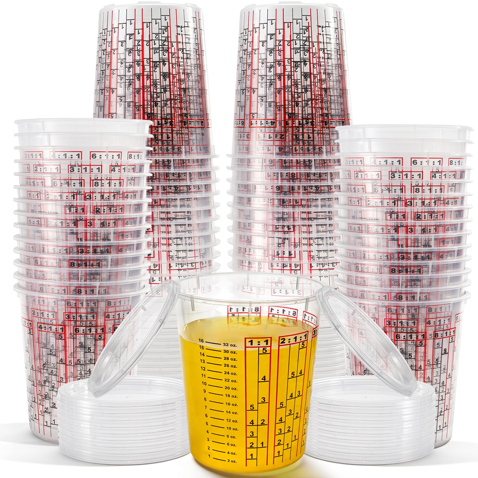 Yesland 30 Pack Paint Mix Cups with Lids, 32 Ounce Plastic Paint and Epoxy Mixing Cups with Calibrated Mixing Ratios on Side of Cup