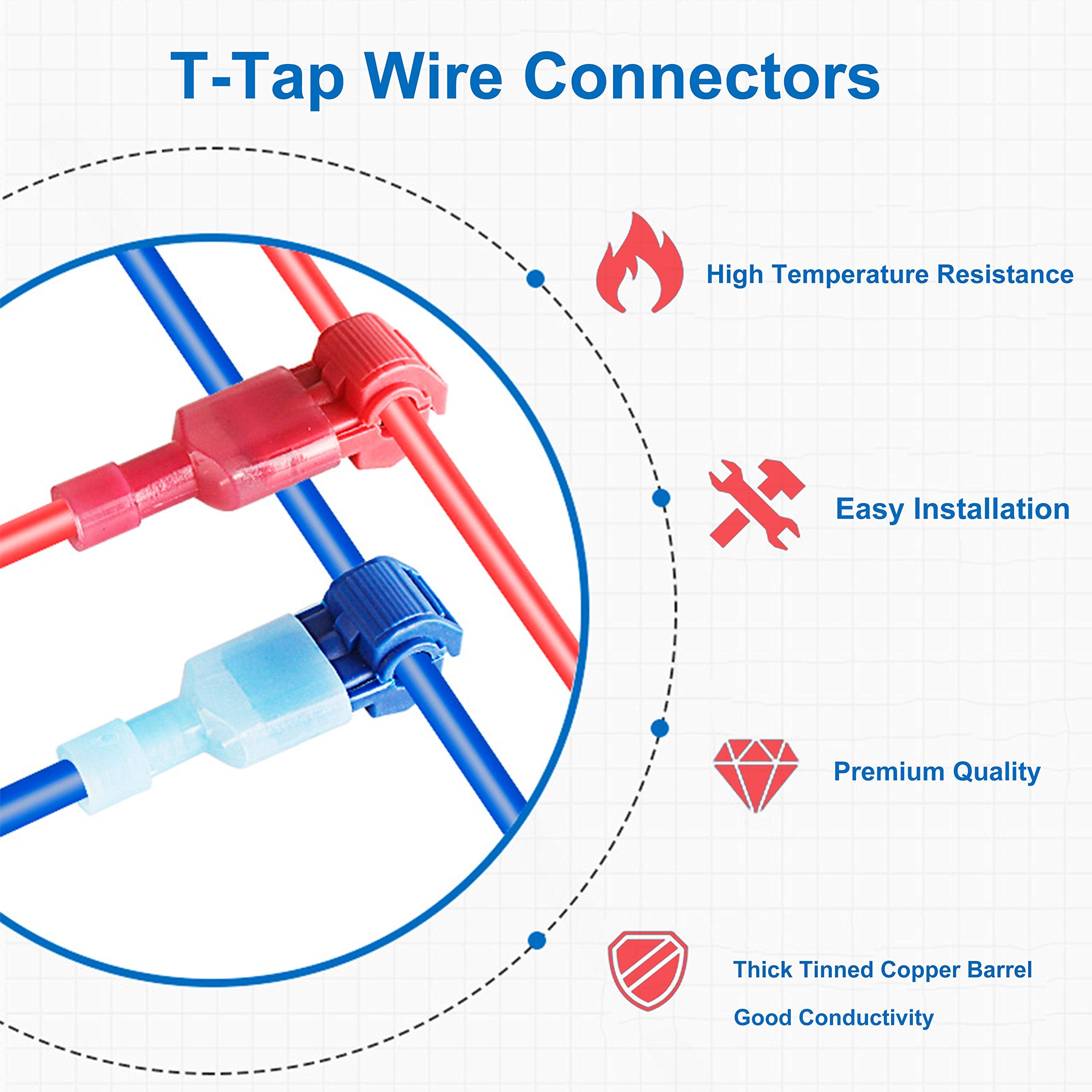 Flytuo 240PCS T-Tap Wire Connectors, AWG 22-10, Self-Stripping Quick Splice Electrical Wire Terminals, Color Coded Insulated Male Quick Disconnect Spade Terminals Assortment Kit for Wiring (3 Colors)