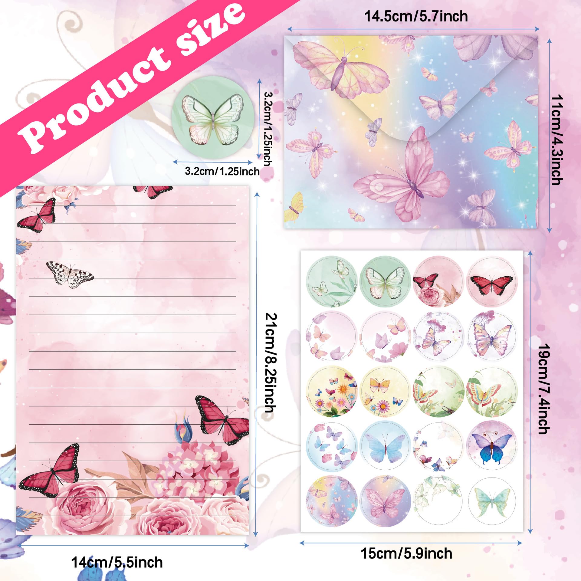 160 Pcs Watercolor Stationery Paper and Envelopes Set, 50 Pcs Butterfly Letter Writing Paper 50 Pcs Matching Envelopes Flower Lined Stationary Paper for Party Girls Office School Supplies