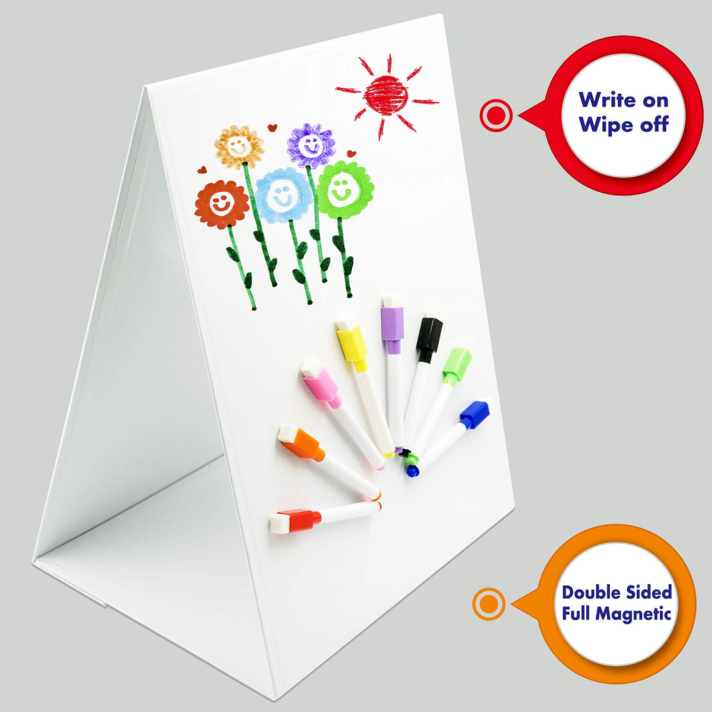 Magnetic Tabletop Desktop Easel &Whiteboard with Bonus 8X Dry Erase Markers. Double Sided and Self-Standing(16” X 12.5”)