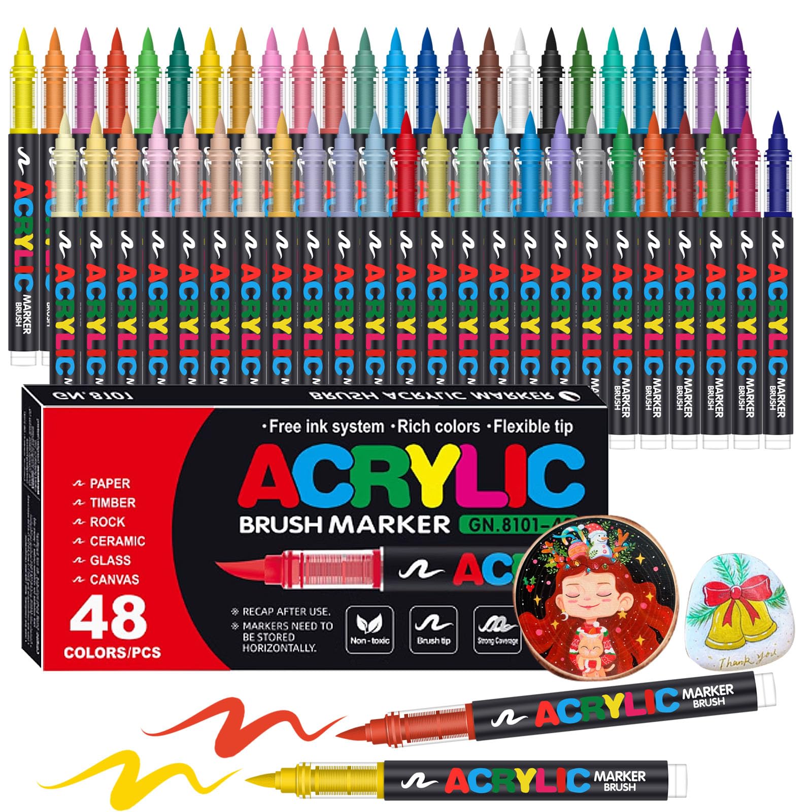 Amamao 48 Colors Acrylic Paint Markers, Soft Brush Tip Pens and Markers, Acrylic Paint Pens for Wood, Stone, Canvas, Glass, Fabric, Egg, Rock Painting and Crafts Art Supplies