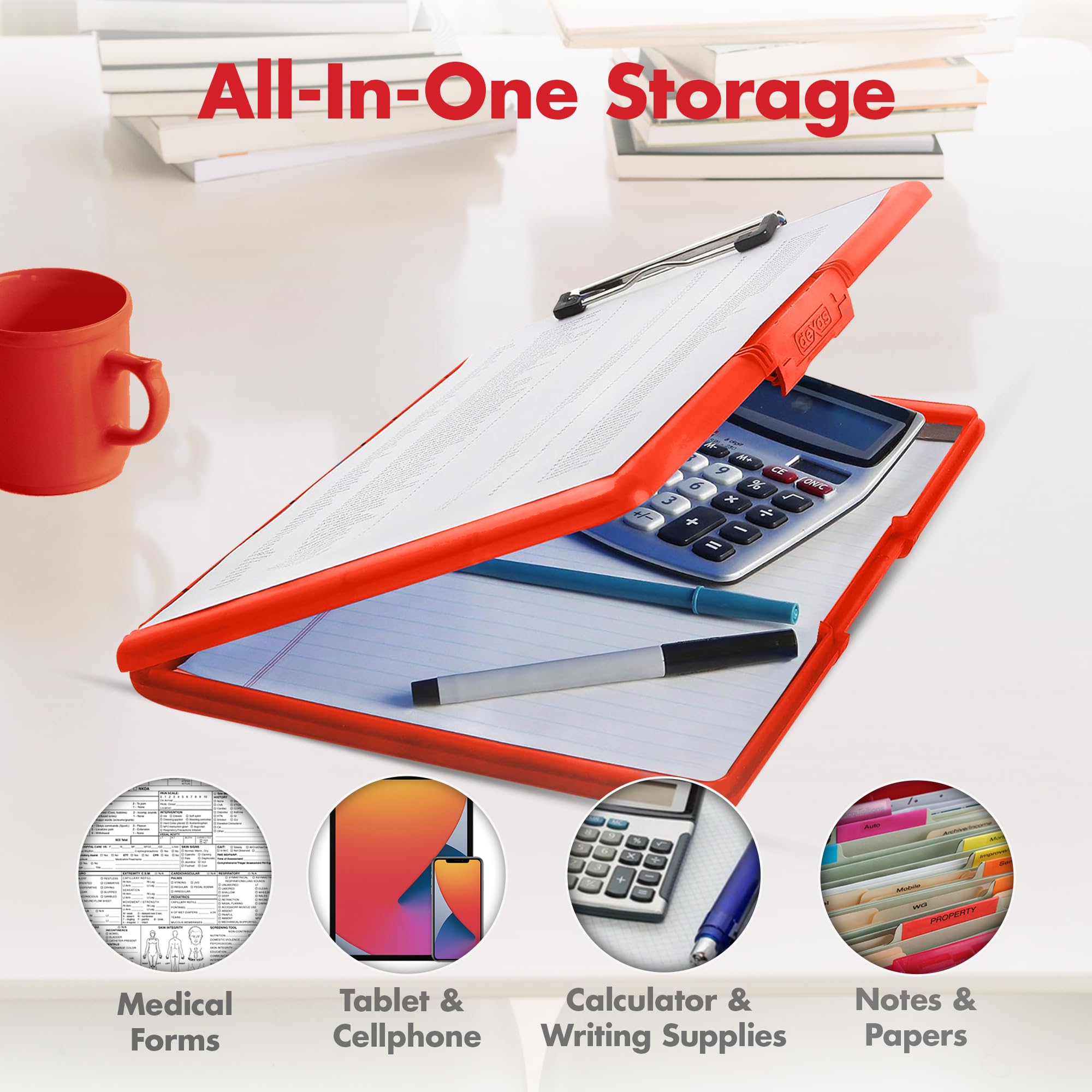 Dexas Slimcase 2 Plastic Clipboard with Storage and Side Opening, Strawberry Red, Office Supplies Clipboards to Organize, Carry and Store, A4 Holder, Style and Functionality Nursing Clipboards
