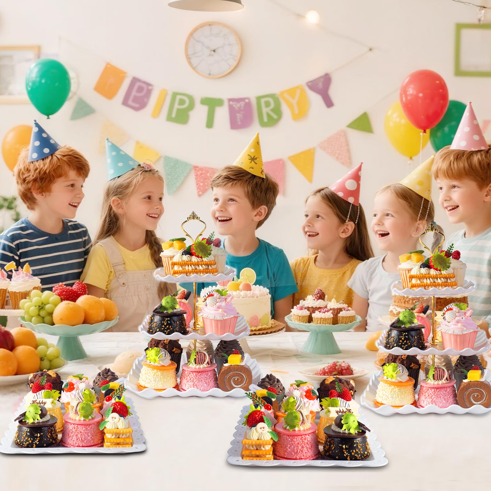 5 Pack Dessert Table Display Set, 2 Sets 3 Tier Cupcake Stand, 3 Pcs Food Serving Trays, Tiered White Plastic Cup Cake Tower for Birthday Baby Shower Wedding and Tea Party Supplies (5, Large)