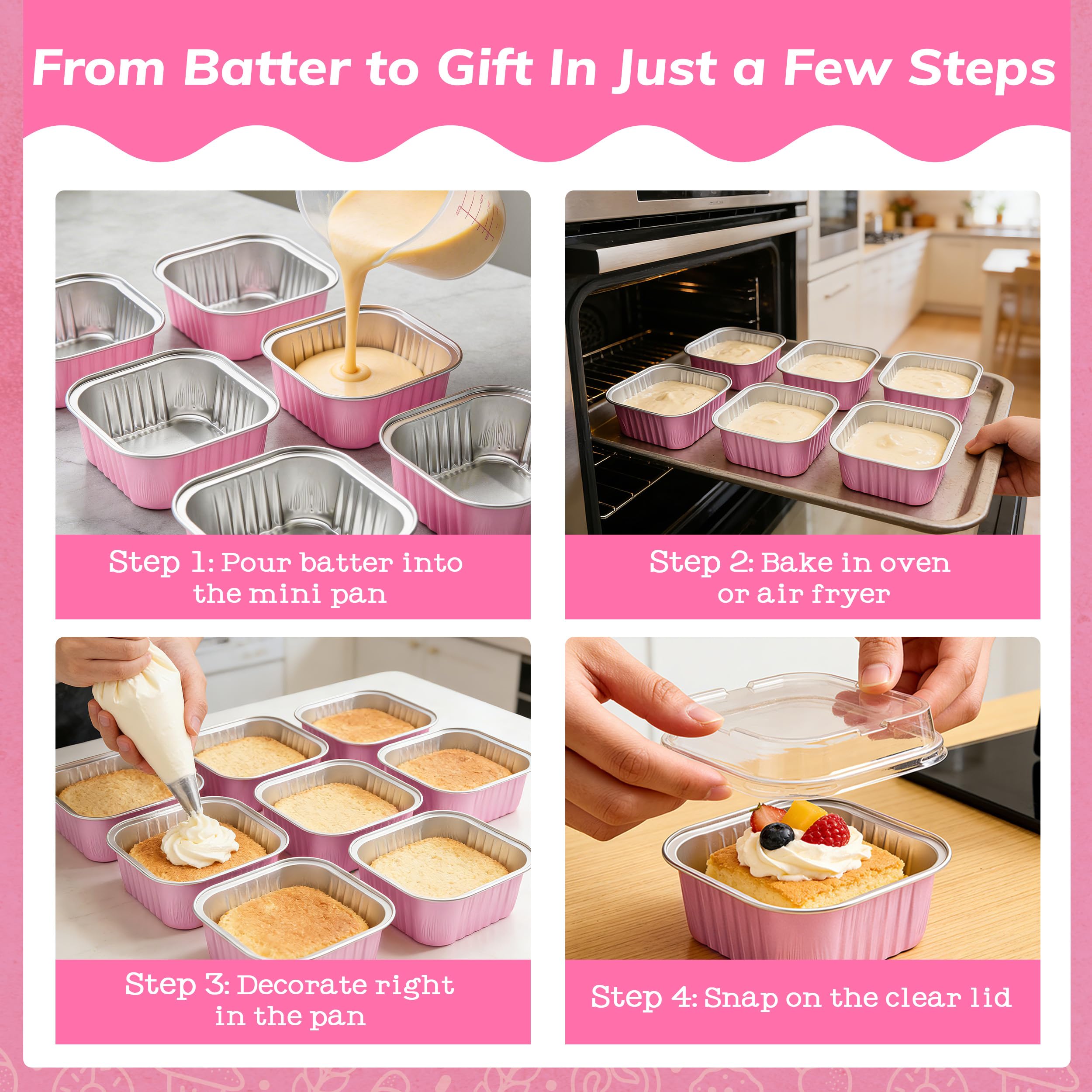 NPLUX 50 Pack Mini Cake Pans with Lids and Spoons Aluminum Foil Pans Square Cupcake Liners Brownie Baking Cups Disposable Ramekins Holders(Pink, 5oz)