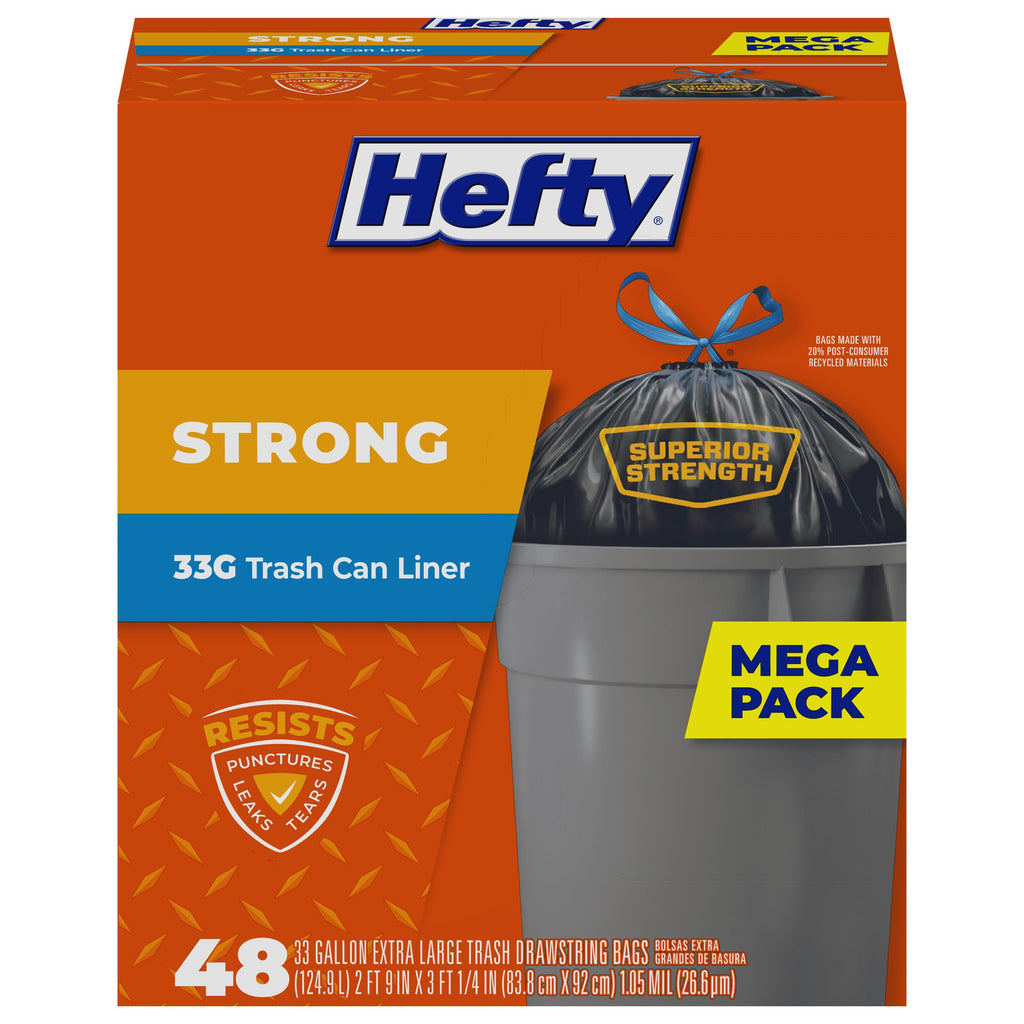 Hefty Drawstring Trash Can Liner Bags, 33 Gallon, 48 Count