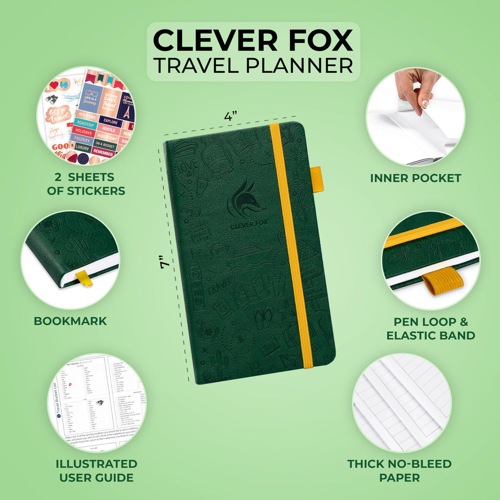 Clever Fox Travel Journal – Vacation Planner with Budget Plan, Packing List, Expense Tracker & Trip Journal – Travelling Itinerary Organizer for Women, Men & Couples – A5 Size, Hardcover - ForestGreen