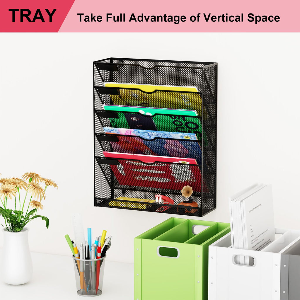 GDINDINFAN Hanging Wall File Organizer 6 Tier Wall Mounted Mail Paper Folder Holder Document Organization Stand, Vertical Desk Magazine Rack for Office Home Cubicle Countertop, Black
