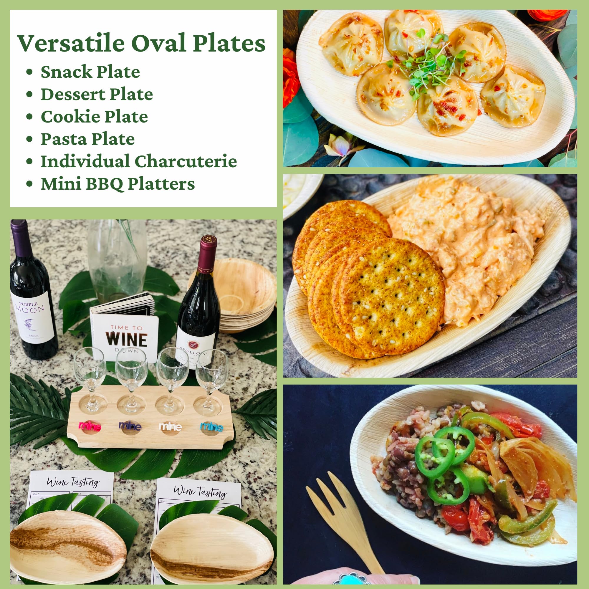 Dtocs Palm Leaf Disposable Plates 7x5 Inch Oval (50) | Wooden, Bamboo Plates Look | Dinnerware Set for Appetizer, Dinner, Mini Charcuterie Boards | Disposable Alt to Plastic, Wood, Paper Plates