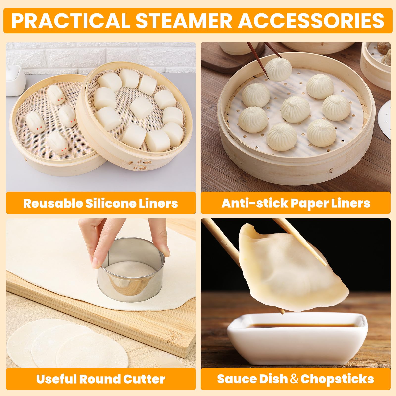 61 PCS 8 Inch 2 Tier Bamboo Steamer, Bamboo Steamer Basket, Dim Sum Basket, with 1Ring Adapter, 2Reusable Silicone Liner, 2 pairs of chopsticks, 2Sauce Dishes, 50Paper Liners, 1Ring