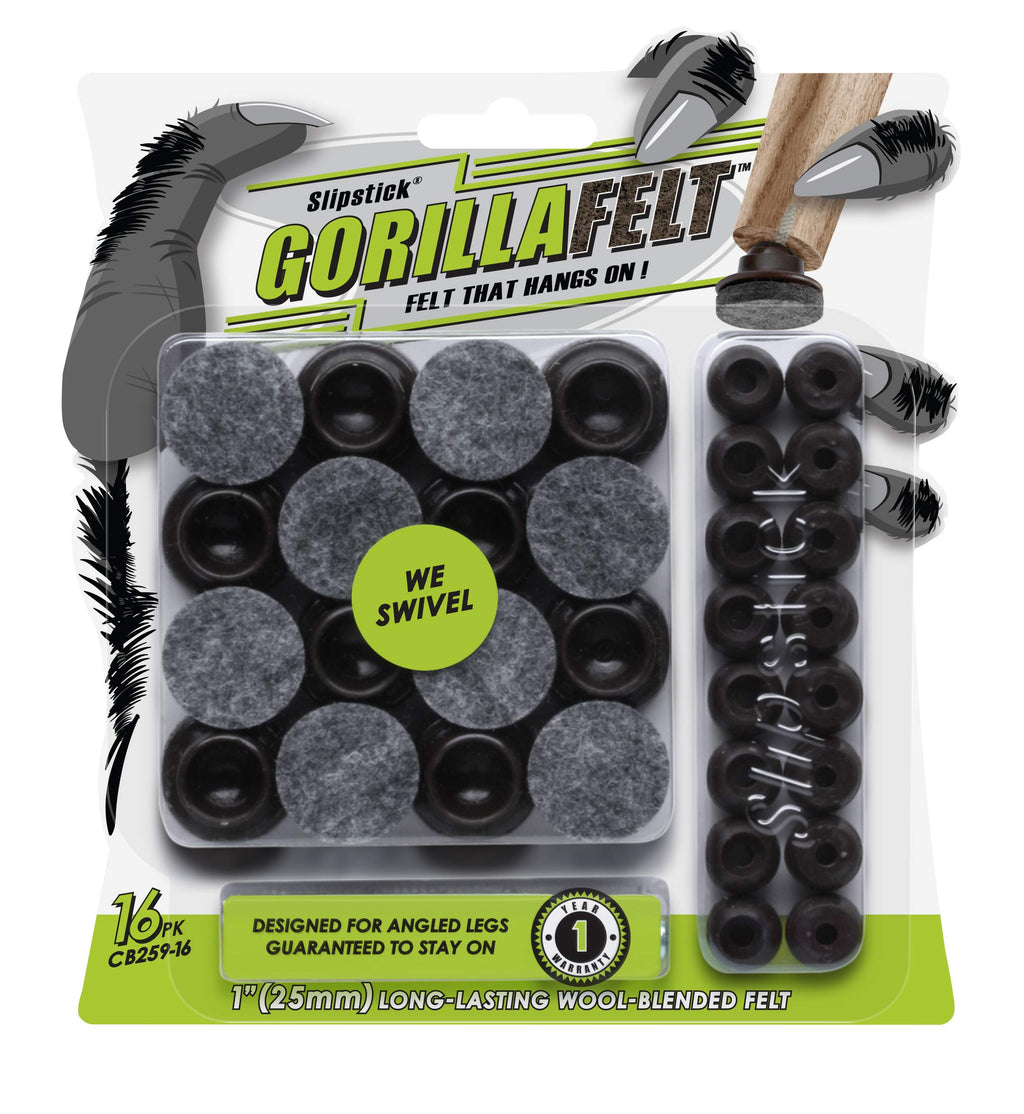 GorillaFelt Swivel Glide Felt Sliders for Chairs (16 Pack) Screw-On Floor Protectors for Angled Furniture Legs, 1 Inch Felt Glides (25mm Round), CB259-16