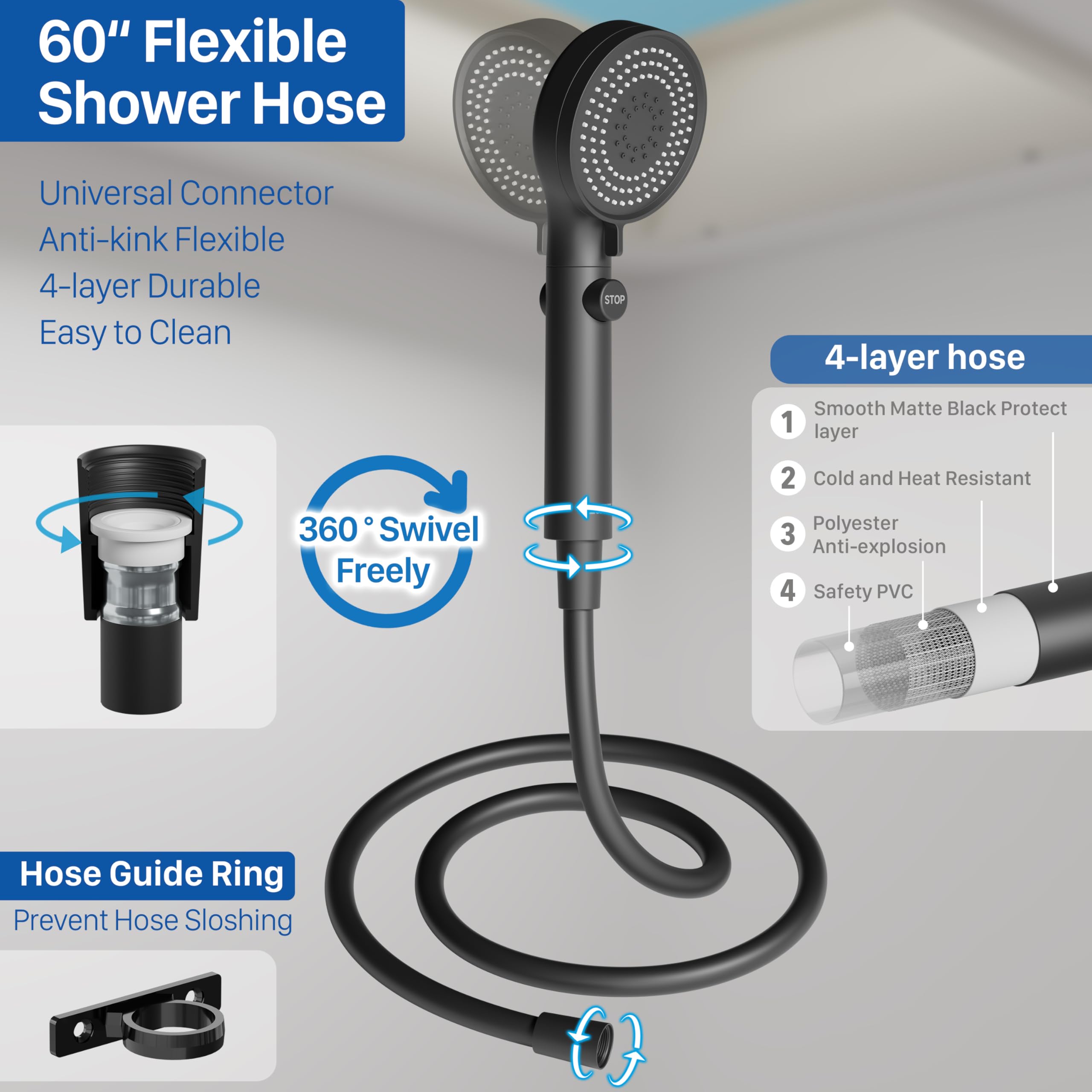 RV Shower Head with Hose, High Pressure Shower Head with Handheld On Off Switch, Travel Trailer, Motorhome and Boat and Camper Must Have RV Accessories Replacement Part, Matte Black