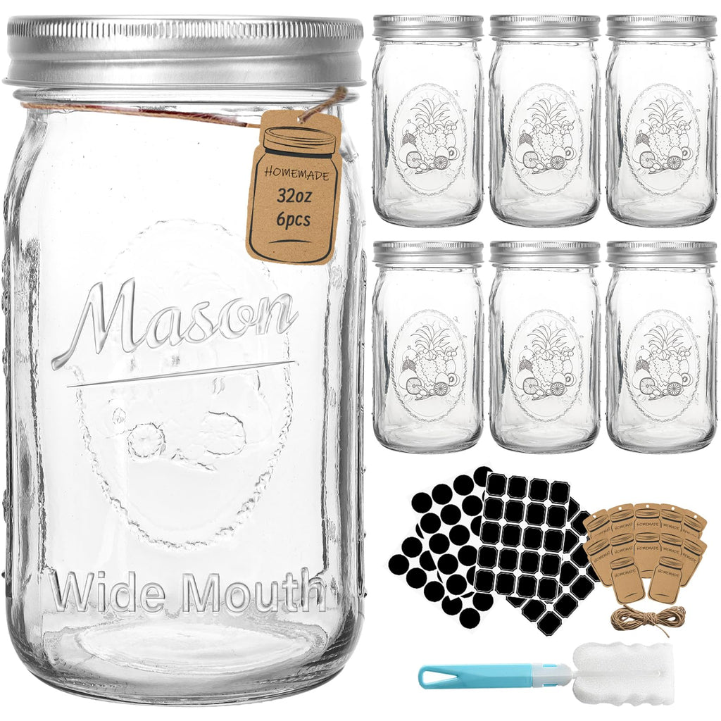 CycleMore 32oz 6 Pack Mason Glass Jars with Black Lids, Clear Regular Mouth Canning Jars for Jelly, Jam, Honey, Wedding Favors, Spices and Herbs