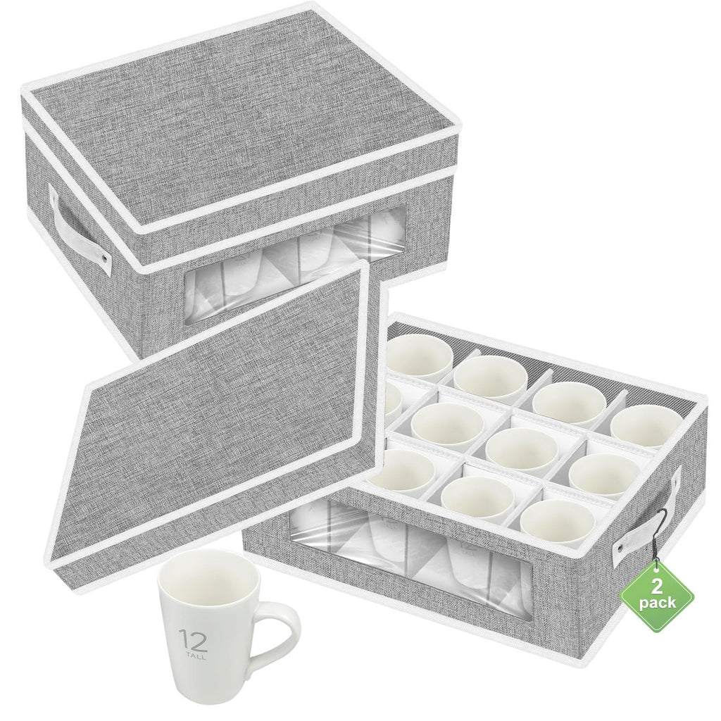 2 Pack Cup and Coffee Mug Storage Box Organizer with Dividers, China Storage Containers Hard Shell with 24 Compartments for Mugs Moving and Protection (Grey)