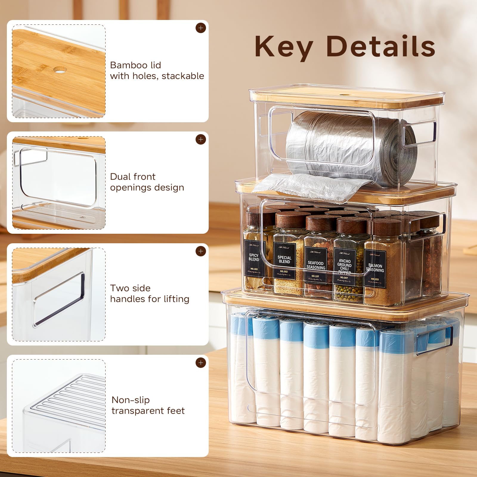 Kithero Trash Bag Holder 3-Pack,Trash Bag Dispenser with Bamboo Lid, Stackable Acrylic Garbage Bag Dispenser for Under Sink Use in Kitchen, Laundry Room, and Pantry, Large Capacity Garbage Bag Holder