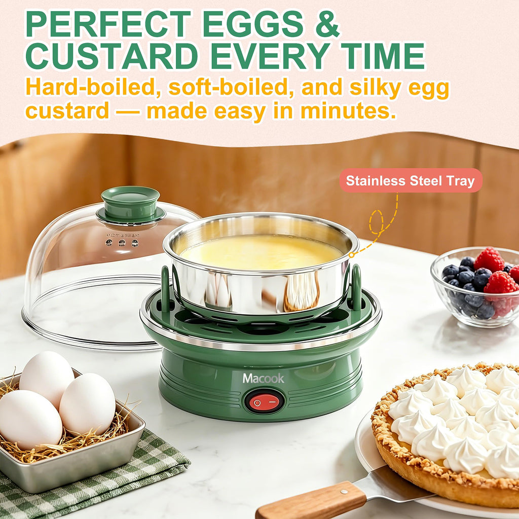 Macook Electric Egg Cooker and Boiler, 7-Egg Capacity Steamer, Fast Heating, for Hard, Soft, Medium Boiled Eggs, with 304 Stainless Steel Tray, BPA-Free, Green