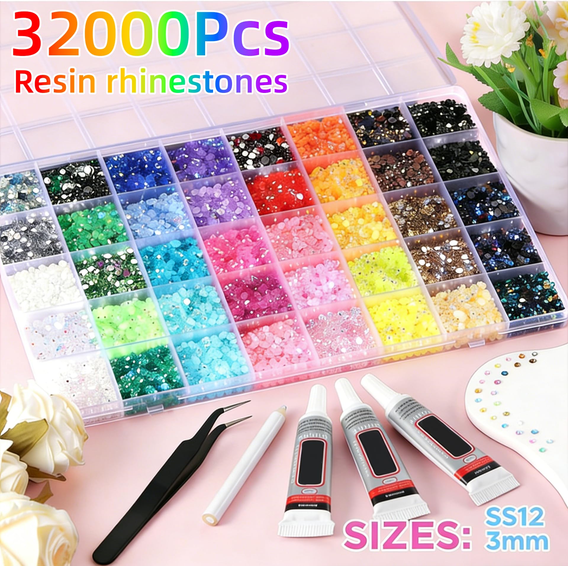 40 Colors Bedazzling Kit, 32000PCS 3mm Flatback Rhinestones for Bedazzling, Resin Rhinestone Kit with Glue of Diamond Jewelry, Bling Gems for Crafts, Nails, Clothing, Shoes, DIY Decoration
