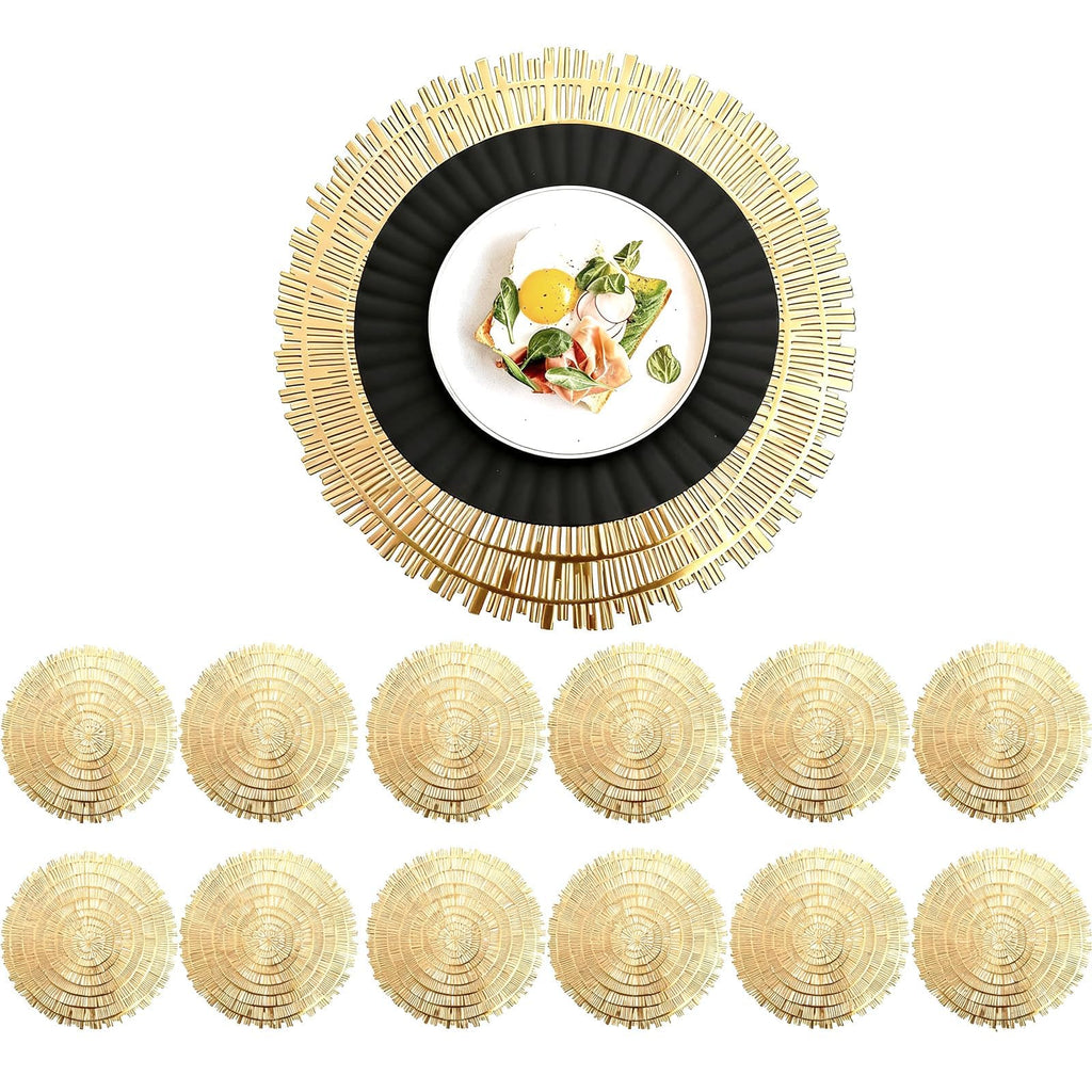 Pumtus 12 Pack 15 Inch Gold Round Placemats, Pressed Vinyl Metallic Place Mat, Non-Slip Hollow Out Dinning Table Mats for Table Decor, Wedding Accent Centerpiece, Christmas, Kitchen Decoration