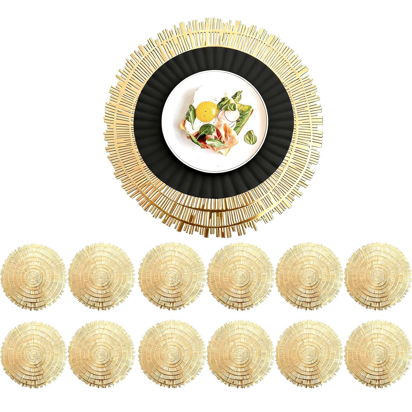 Pumtus 12 Pack 15 Inch Gold Round Placemats, Pressed Vinyl Metallic Place Mat, Non-Slip Hollow Out Dinning Table Mats for Table Decor, Wedding Accent Centerpiece, Christmas, Kitchen Decoration