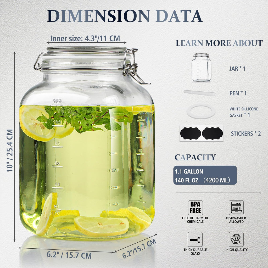 Folinstall Square Super Wide-Mouth Mason Jar with Airtight Lid, 1 Gallon（ 4100 ML） Glass Jar with 2 Measurement Marks, Sturdy Large Glass Tank with Lid For Overnight Oats, Kombucha, Pickle, Kimchi