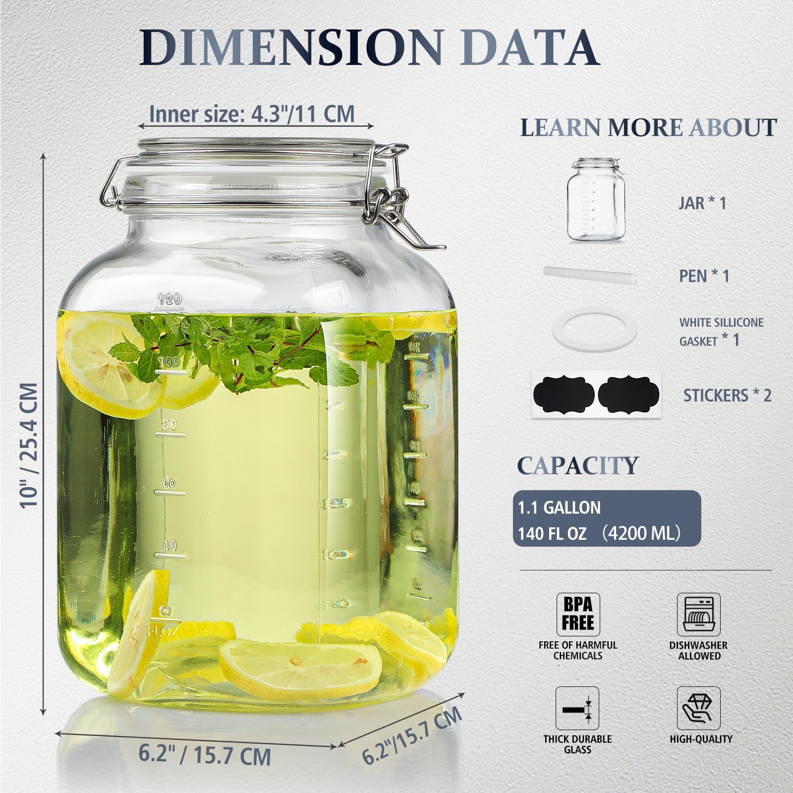 Folinstall Square Super Wide-Mouth Mason Jar with Airtight Lid, 1 Gallon（ 4100 ML） Glass Jar with 2 Measurement Marks, Sturdy Large Glass Tank with Lid For Overnight Oats, Kombucha, Pickle, Kimchi