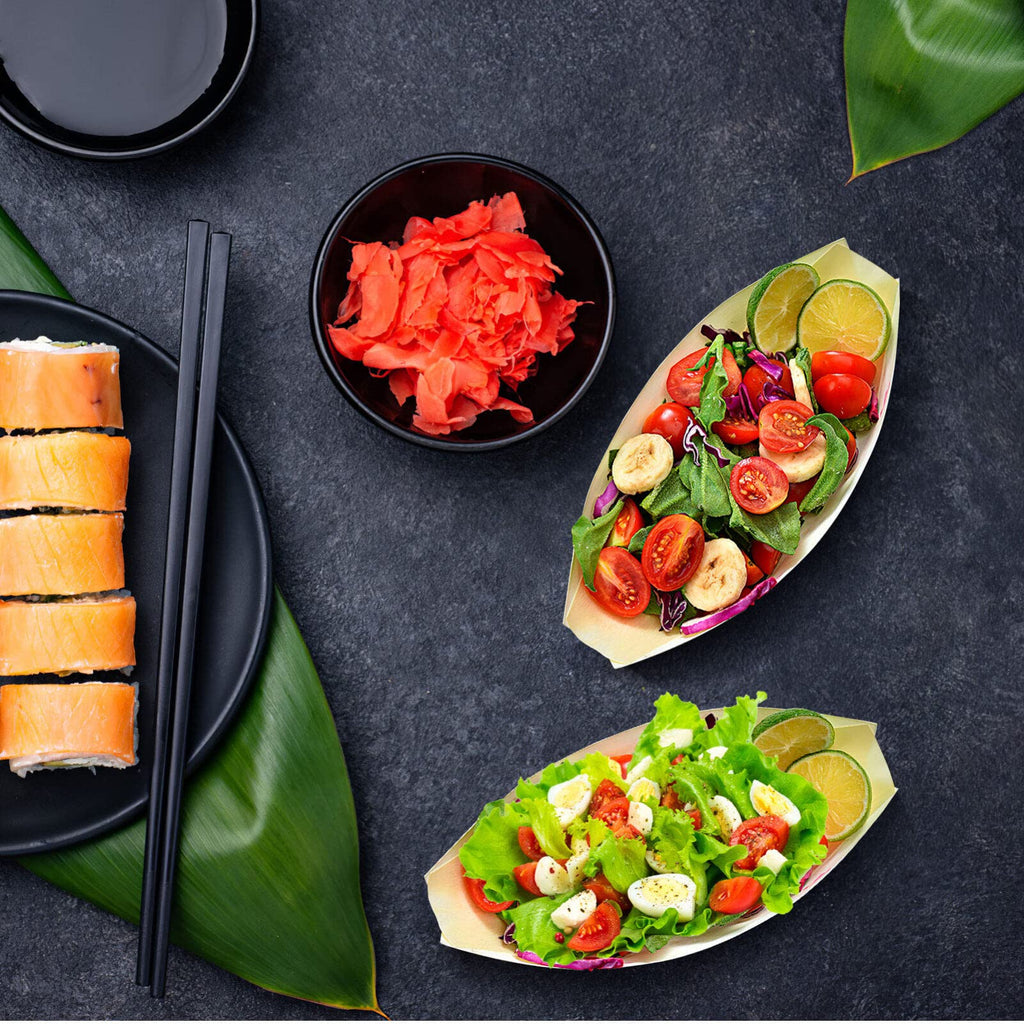 Cabilock 100pcs Disposable Wood Boat Plates, 5inch Sushi Boat Serving Tray Plate Japanese Style Snack Tray for Home Restaurant
