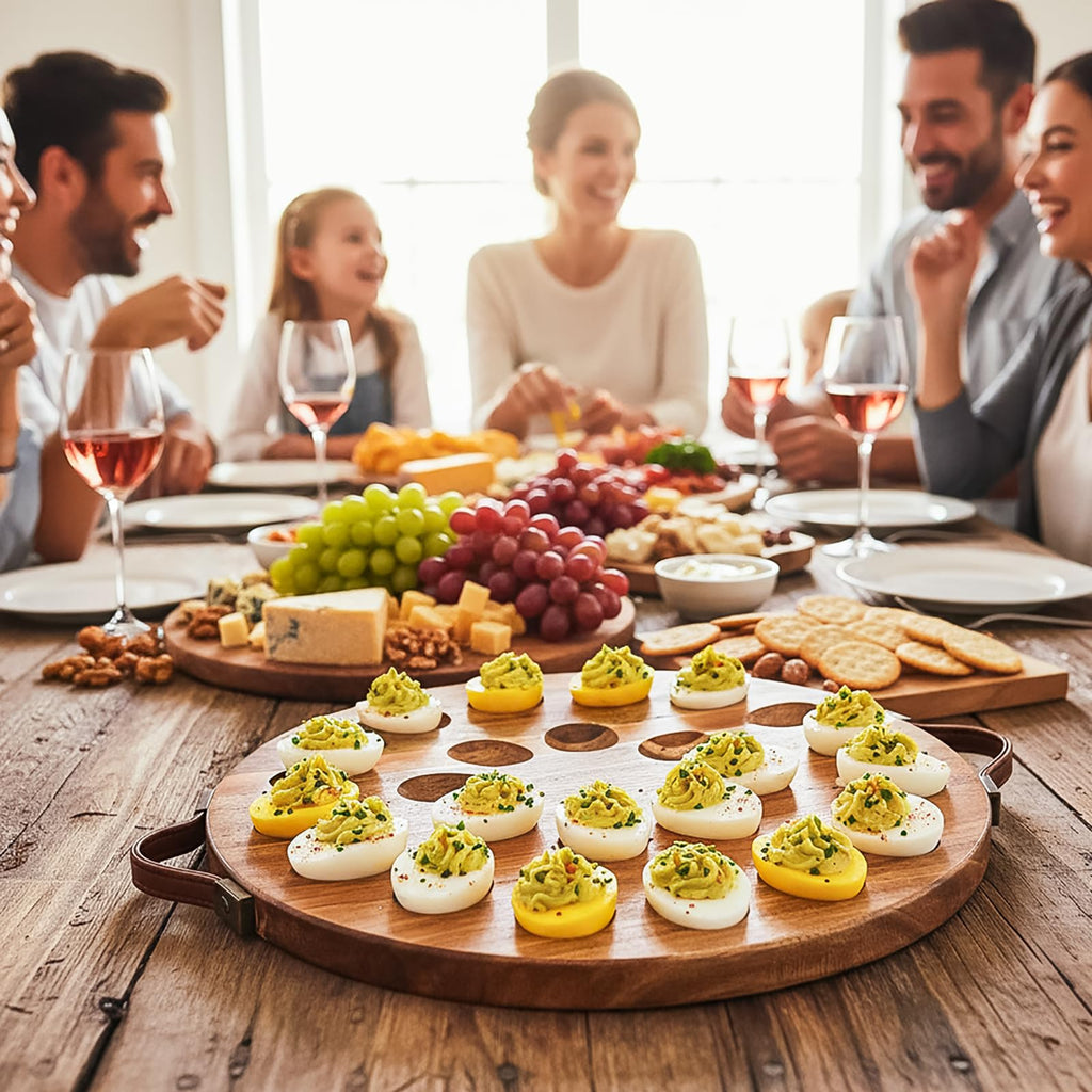 Hiceeden Acacia Wood Deviled Egg Platter with Handles for Easter, 24 Holes Round Deviled Egg Tray Container, Reversible Charcuterie Board Egg Plate Serving Tray for Countertop