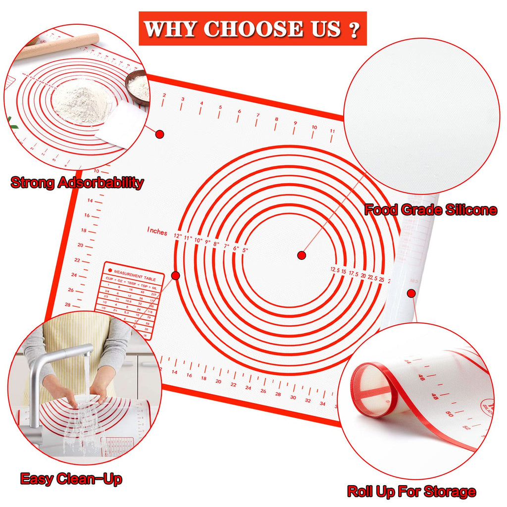 Extra Large Silicone Baking Mat with Measurements for Rolling Dough, Non Slip Pastry Mat Nonstick Oven Mats Various Size for Baking Pizza Bread Cakes (Red, 23.6x31.5 inch)