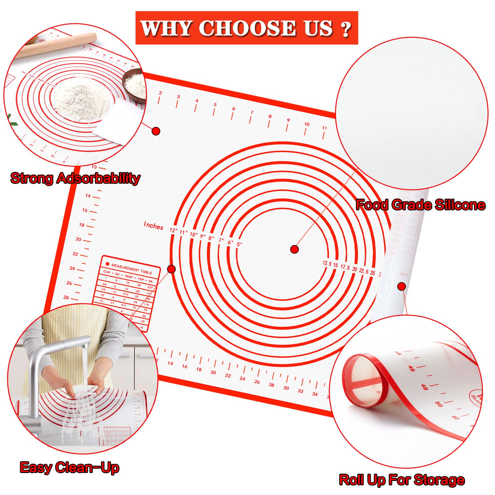 Extra Large Silicone Baking Mat with Measurements for Rolling Dough, Non Slip Pastry Mat Nonstick Oven Mats Various Size for Baking Pizza Bread Cakes (Red, 23.6x31.5 inch)