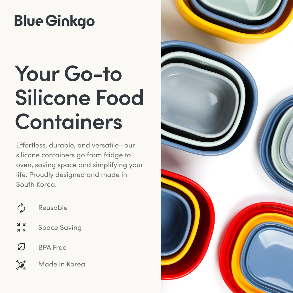 BLUE GINKGO Nesting Silicone Containers - Set of 3 Silicone Food Storage Containers | Made in Korea, BPA Free, Airtight, Dishwasher and Freezer Safe (200ml, 300ml, 600 ml) - Green