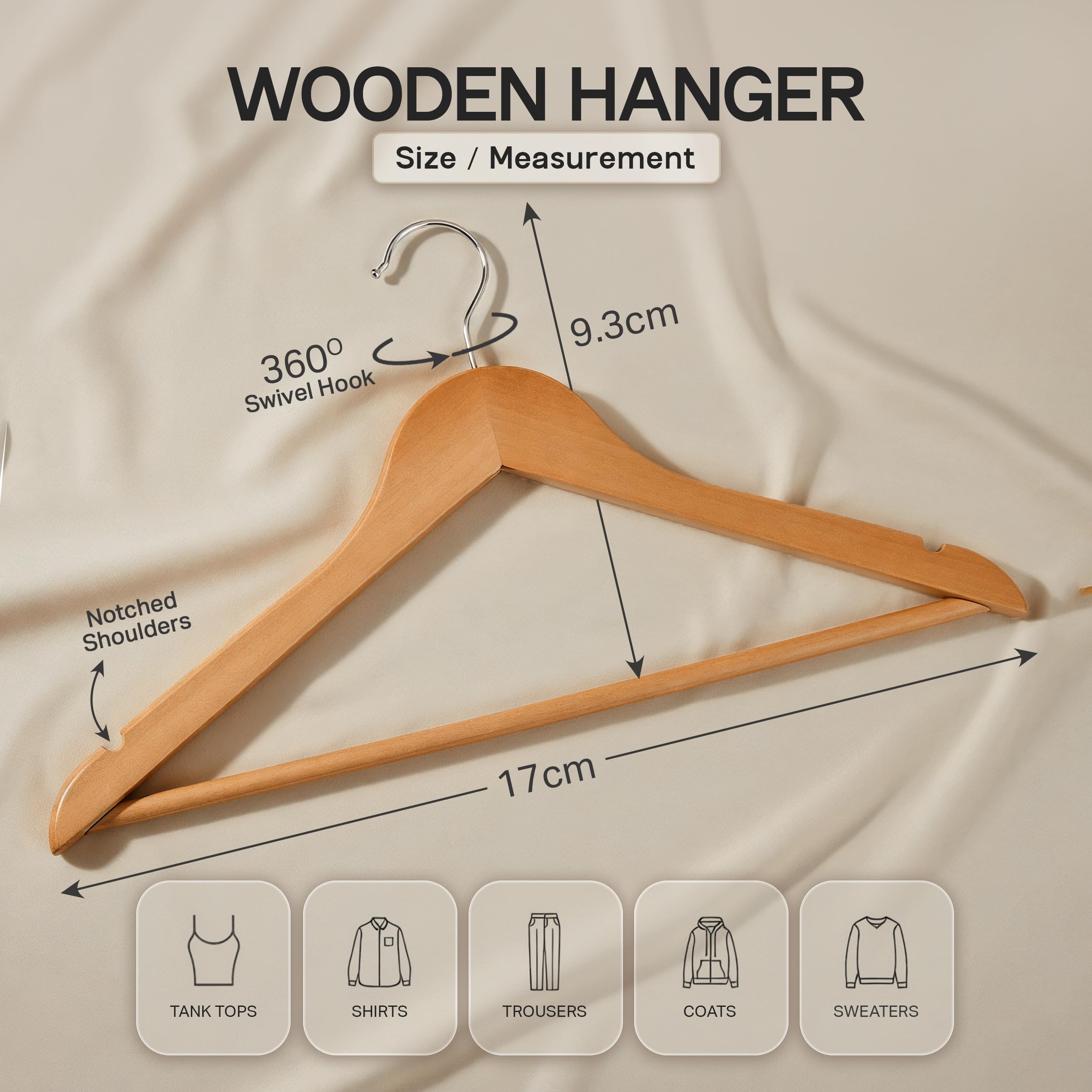 Beddora Wooden Hangers 30 Pack - 360 rotatable Swivel Hook Durable & Slim Lightweight with Shoulder Grooves - Wood Hanger for Clothes Coats Pants Suits Jackets in Natural