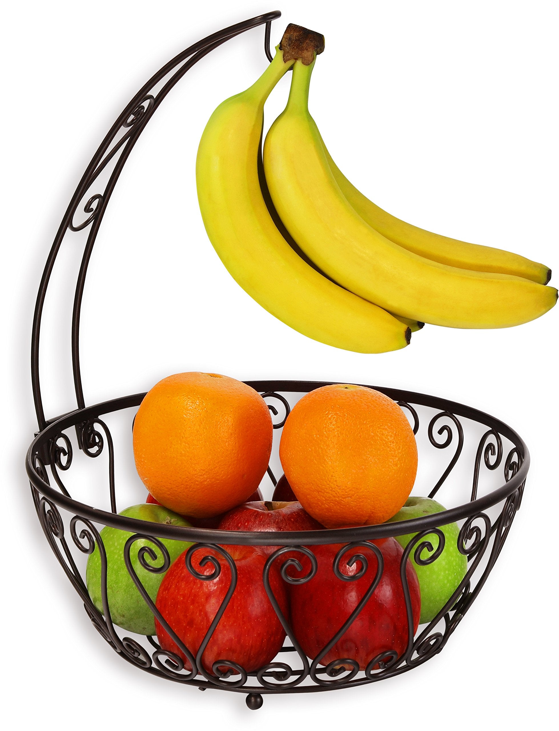 Simple Houseware Fruit Basket Bowl with Banana Tree Hanger - Wire Produce Storage Stand & Organizer for Kitchen Counter, Bronze