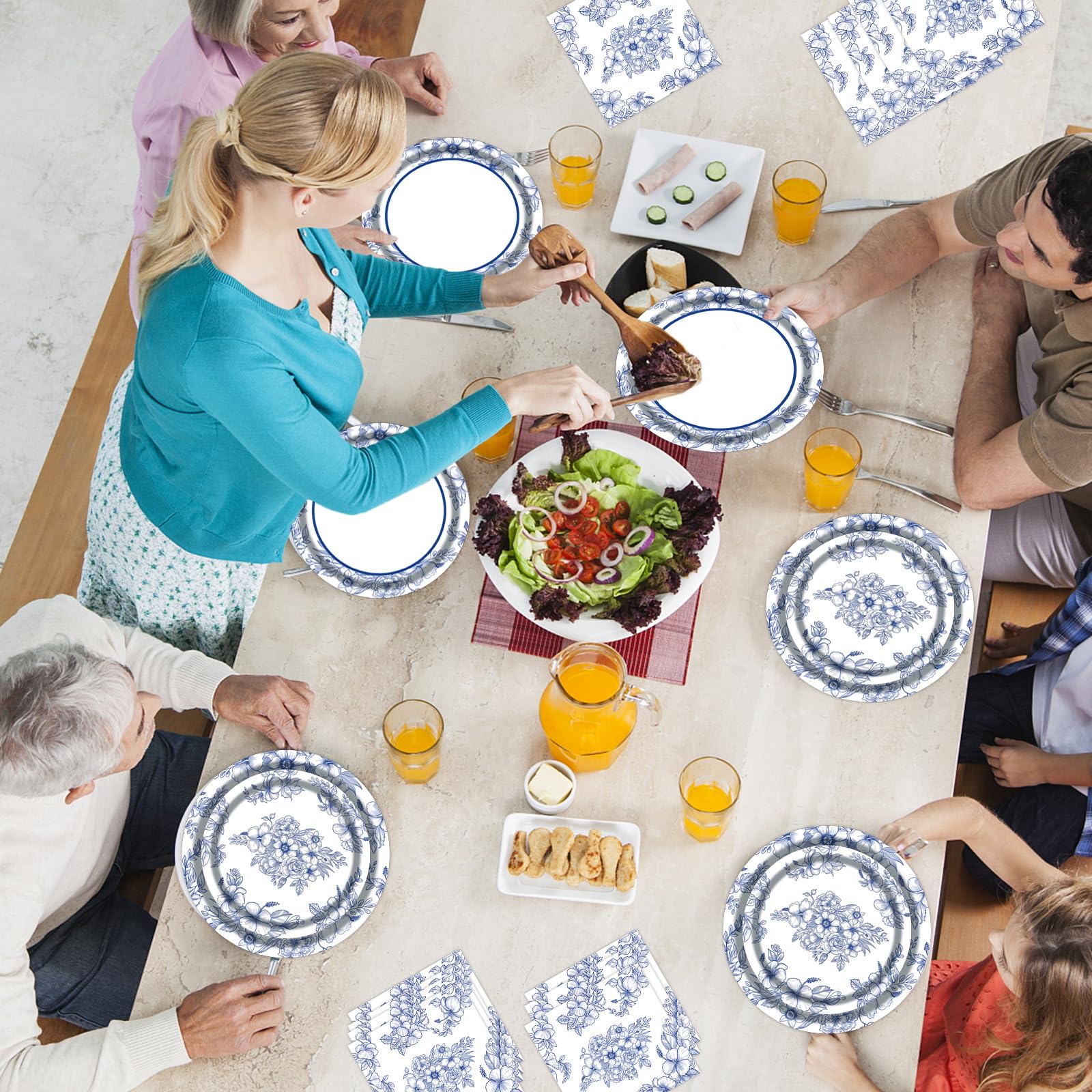 SKTMH 96Pcs Blue White Flower Party Decorations: Blue White Floral Tableware - Plates, Napkins, Cups - Tea Party Supplies - Disposable - Floral Birthday Decor