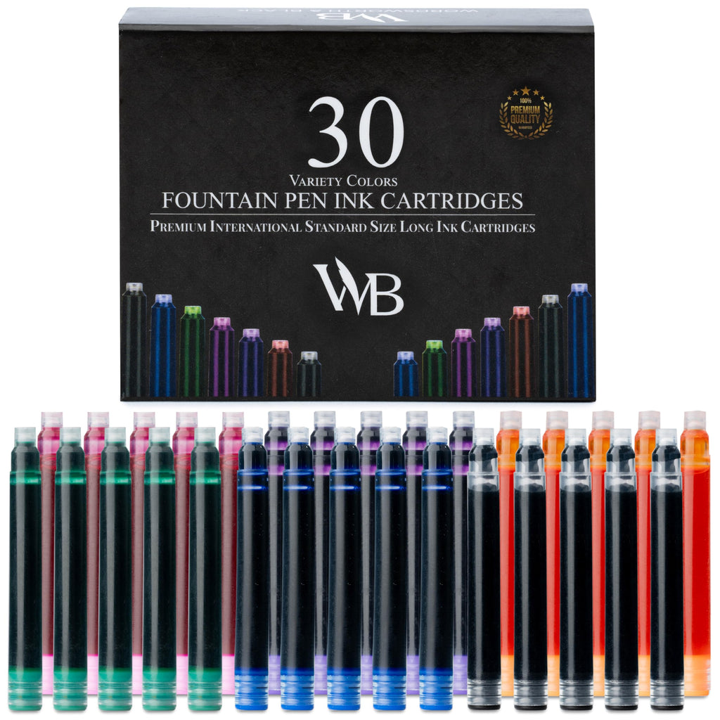Wordsworth & Black 30 Pack Fountain Pen Ink Refills - Set of 30 Assorted Ink Cartridges - International Standard Size - Length APPR 2.3" - Base Diameter APPR 0.24" - Disposable and Generic