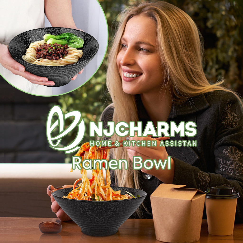 NJCHARMS Ceramic Ramen Bowl Set of 2, 60 oz Japanese Noodle Soup Bowls with Spoons and Chopsticks for Ramen Soup Pho Udon Asian Noodles, Large Noodle Bowls(Black)