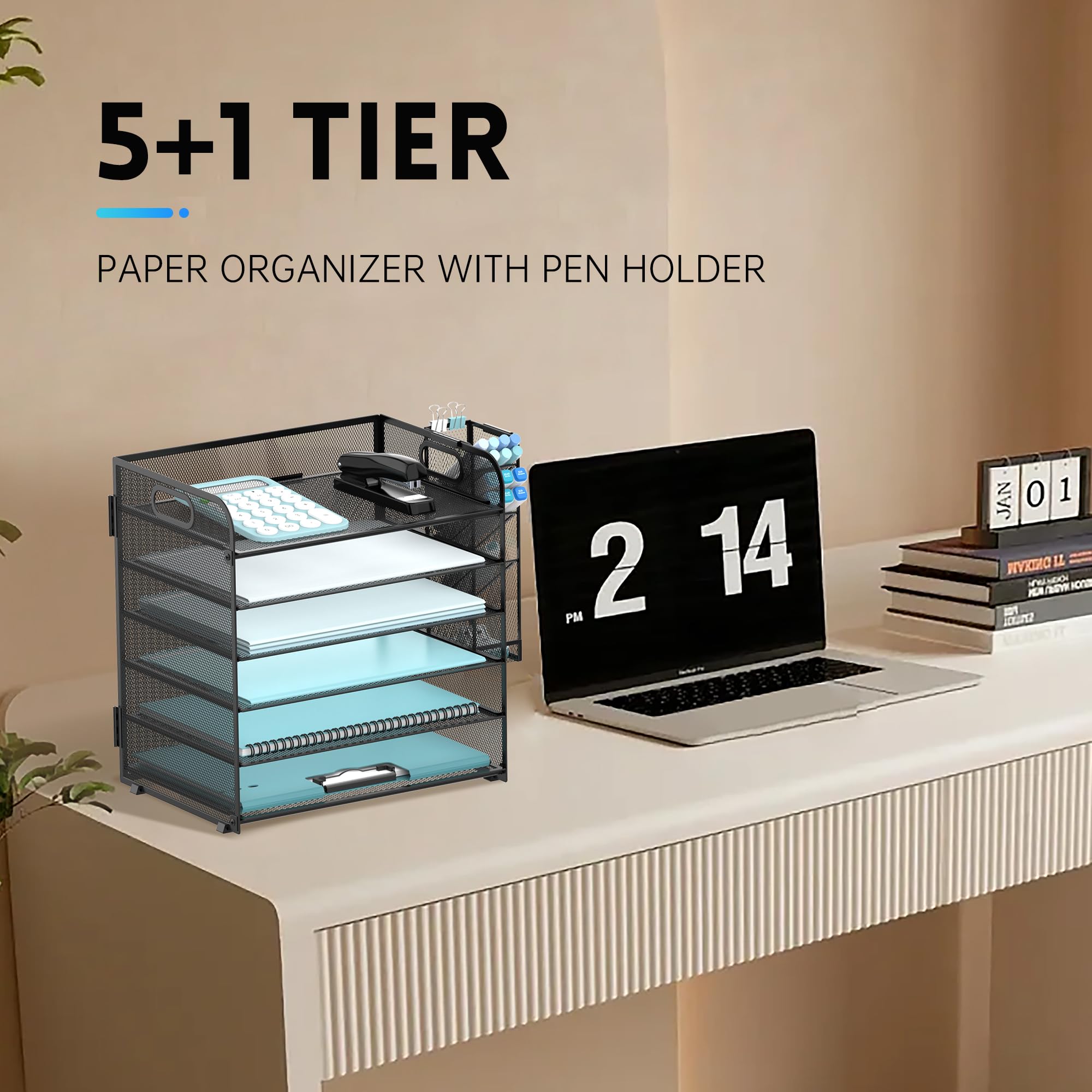 SUPEASY 6 Tier Paper Organizer with 4 Pen Holders, Mesh Letter Tray with Handle, Paper Tray Organizer for A4 Files, Black
