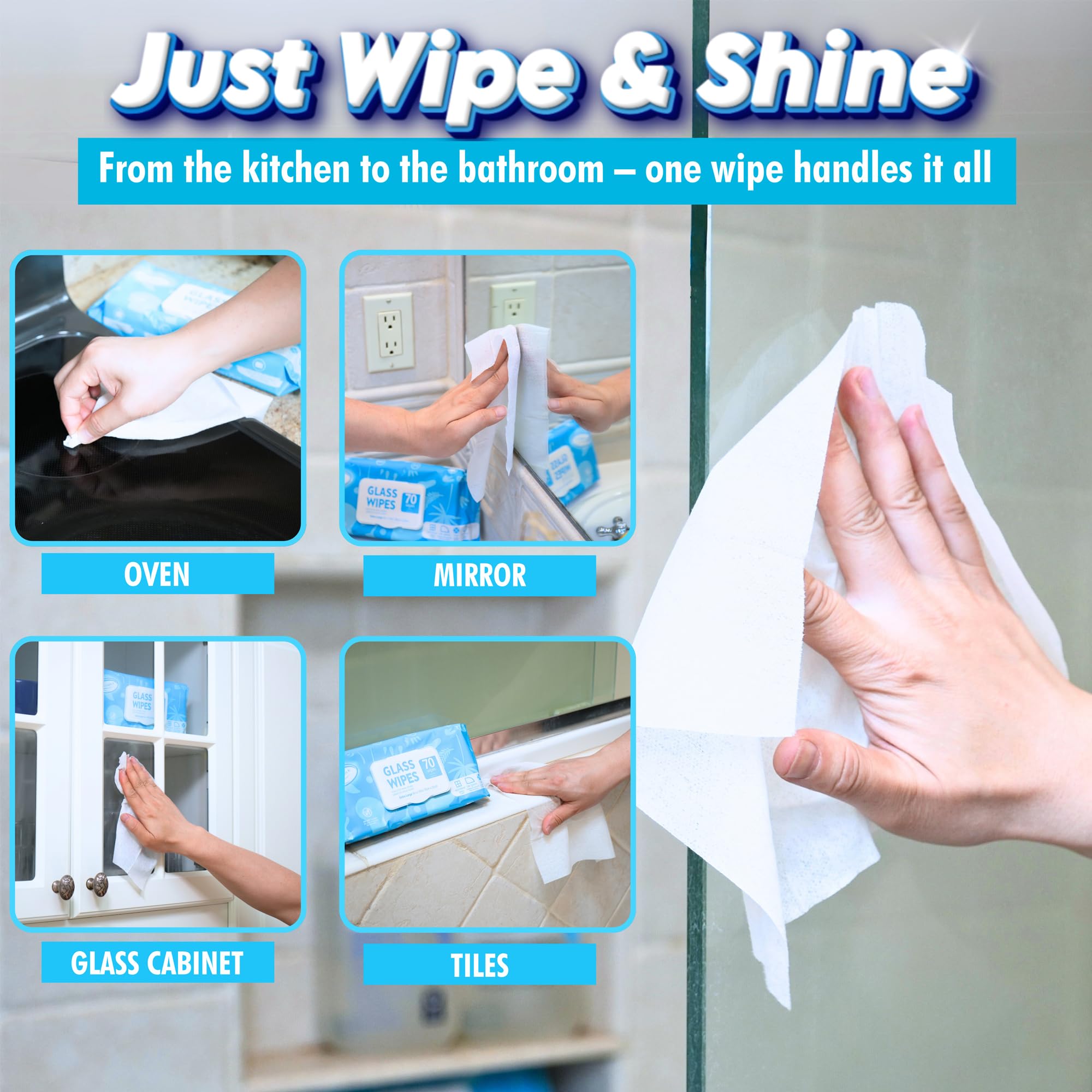 Air Jungles Glass and Window Cleaner Wipes 70 Count, Extra Large 8" x 10" Size Multi-Surface Glass Cleaning Wipes for Car Windshield, Headlight, Mirror, Tile, and Household Appliance
