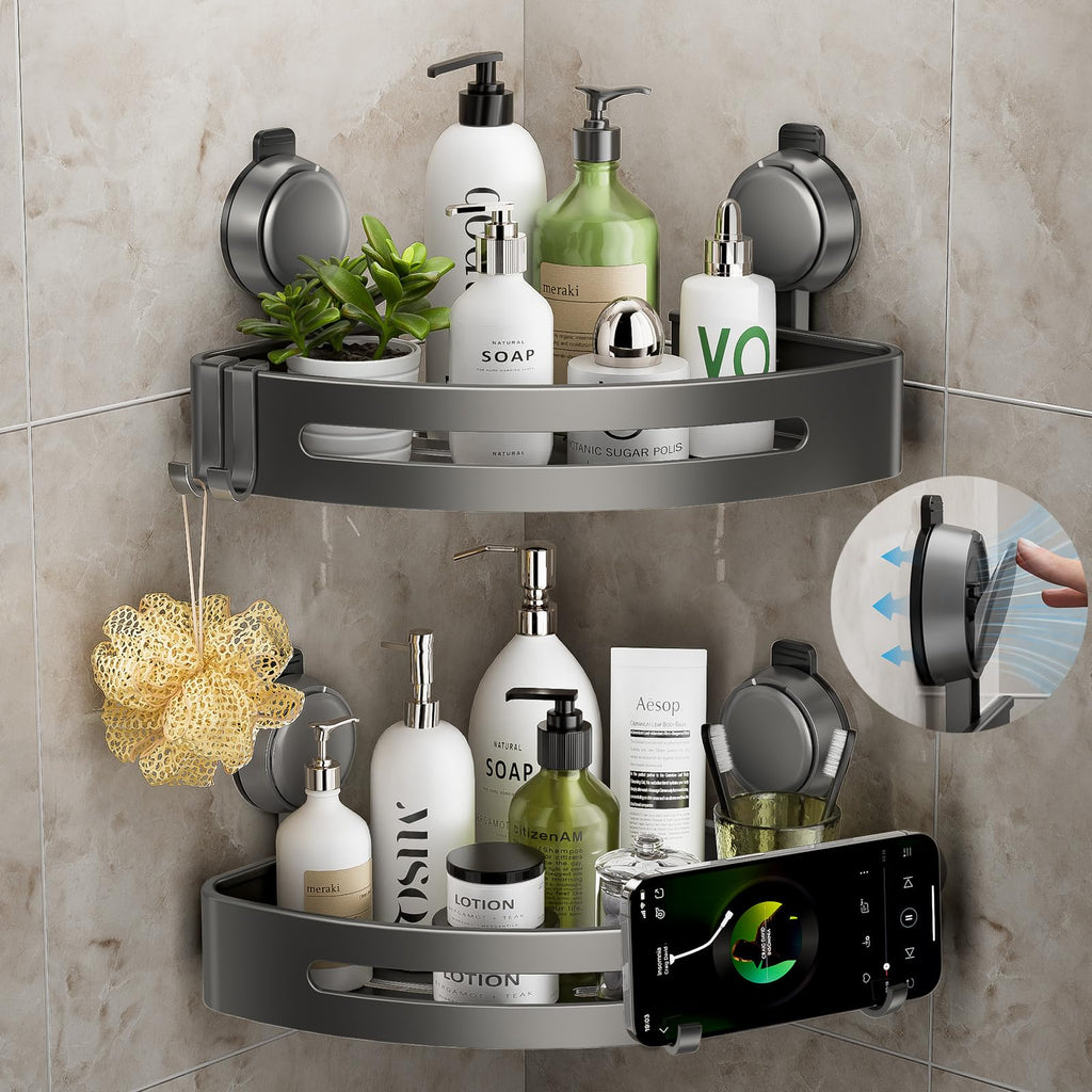 Shower Caddy Corner,Suction Cup Shower Caddy with Hooks,No Drilling Rustproof Aluminum Bathroom Organizers and Storage,Shelves for Bathroom Accessories Decor (2)