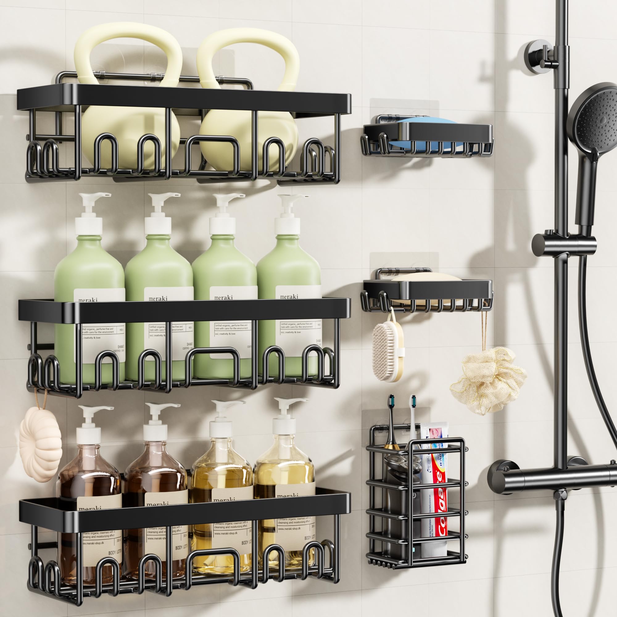 Shower Caddy 6 Pack, Adhesive Bathroom Shower Organizer for Bathroom Storage, No Drilling Large Capacity Rustproof Stainless Steel Bath Shelves Rack for Bath, Black