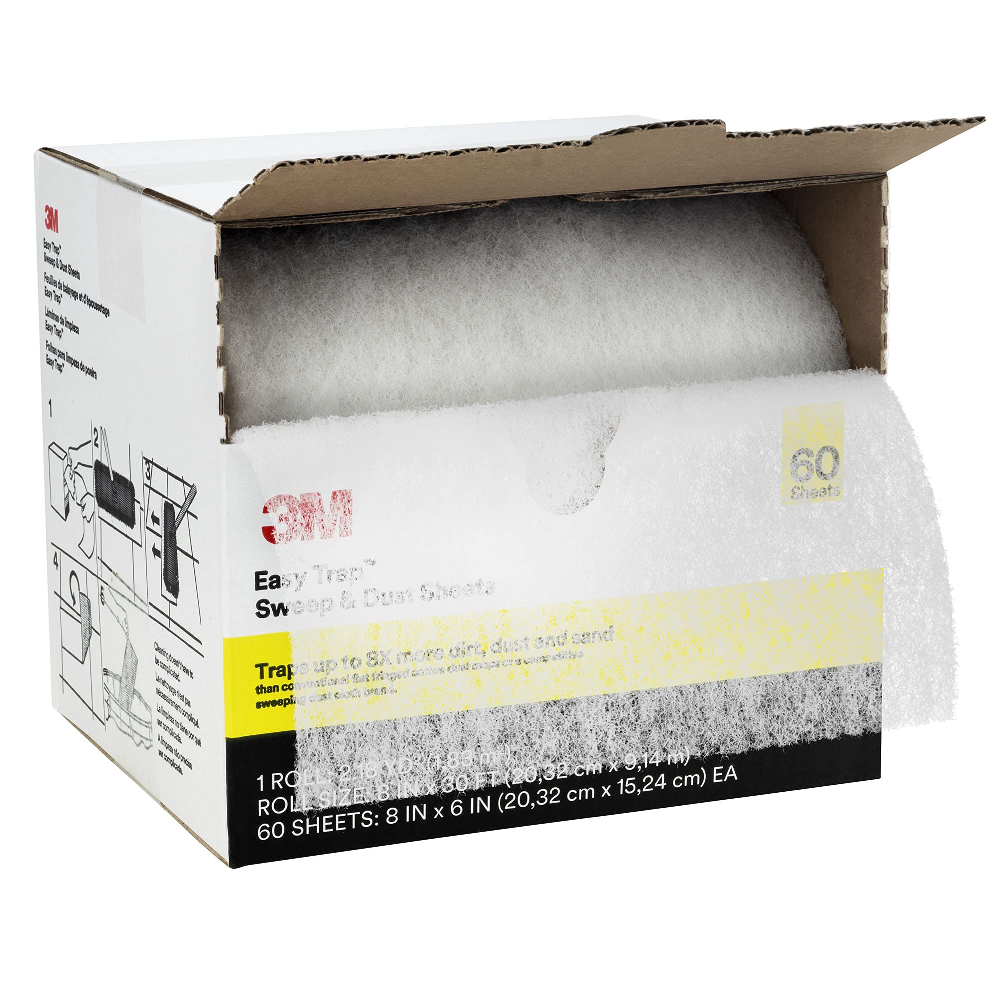 3M Easy Trap Sweep and Dust Sheets, 1 Roll of 60 8" x 6" Sheets, Disposable Easy Sweep Floor Duster, Picks Up 8X More Dirt, Dust, Sand, Hair, Works on Dry or Wet Surfaces, Hardwood Floors, 59152W