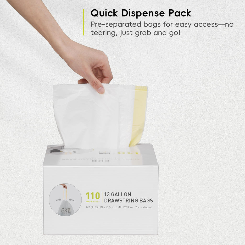EKO 13 Gallon / 40-60 Liter Drawstring Trash Bags, Extra-Strong Unscented Garbage Bags, 60 Count Easy-Dispense Roll for Kitchen & Household Use, Leak-Resistant, Code F, White