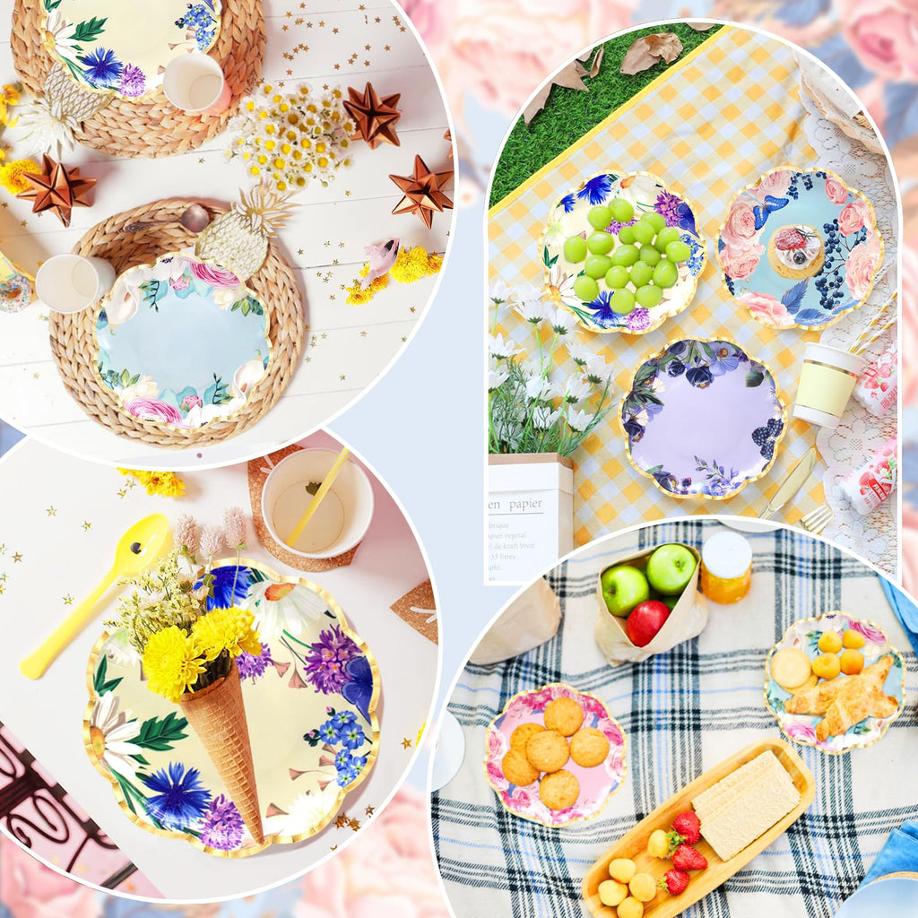 Benvo Floral Plates Disposable 60 Pack Paper Plates 9 Inch Dessert Plates Flower for Tea Party Garden Party Baby Shower Bridal Shower Birthday Wedding Decorations(6 Styles)