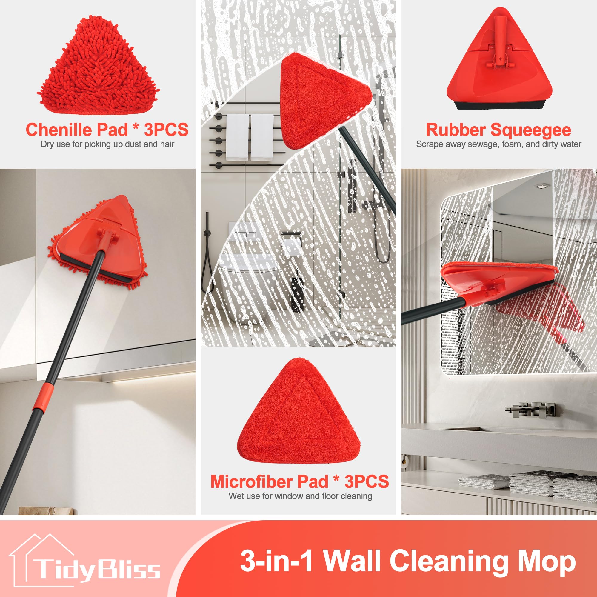 TidyBliss Wall Cleaning Mop with Long Handle 80”, Ceiling Duster Scrubber with 360° Swivel Collapsible Head, Baseboard Cleaner Tool with 3 Chenille and 3 Microfiber Pads for Windows Floor (Red)