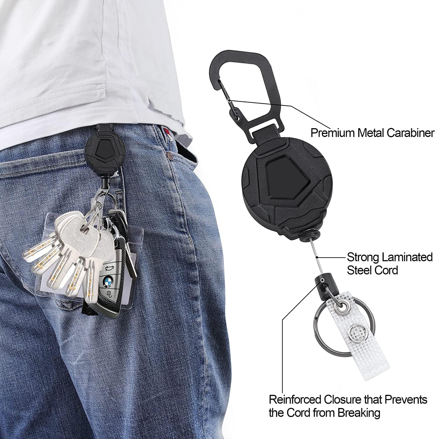 YAKESD 4 Pack Heavy Duty Badge Reels, Retractable Badge Holder with 27.5 Inches Steel Wire Rope, Keychains with Carabiner Clip for Men Women