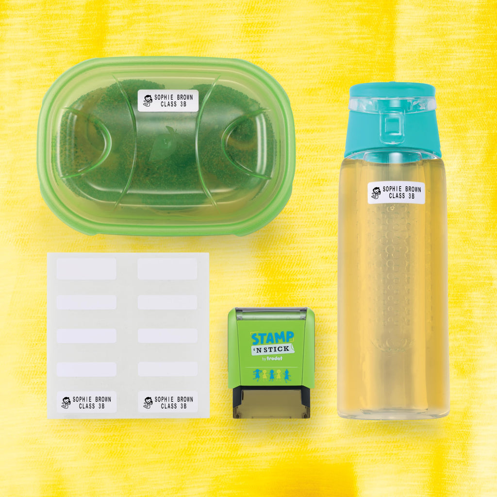 Trodat Stamp 'N Stick Clothes and Personal Belongings DIY Stamper, English Text with Special Characters – 3 Lines – Dermatologically Tested Ink, Dishwasher and Washing Machine Safe Ink