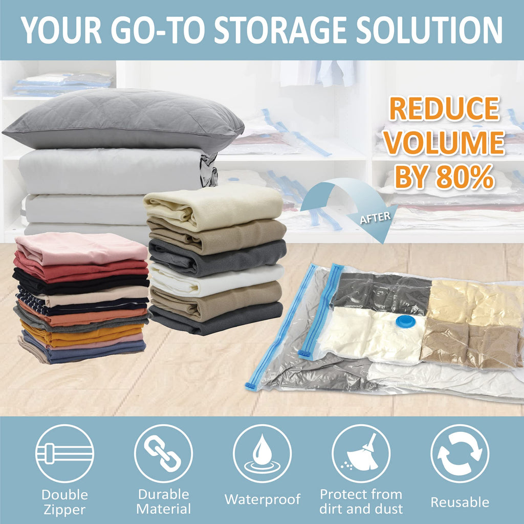 Cozy Essential Vacuum Storage Bags, 80% Compression Vacuum Seal Space Saver Plastic Packaging Bags for Clothes, Blankets, Pillow, Bedding, Comforters, Sealer Clothing Storage,8 Combo