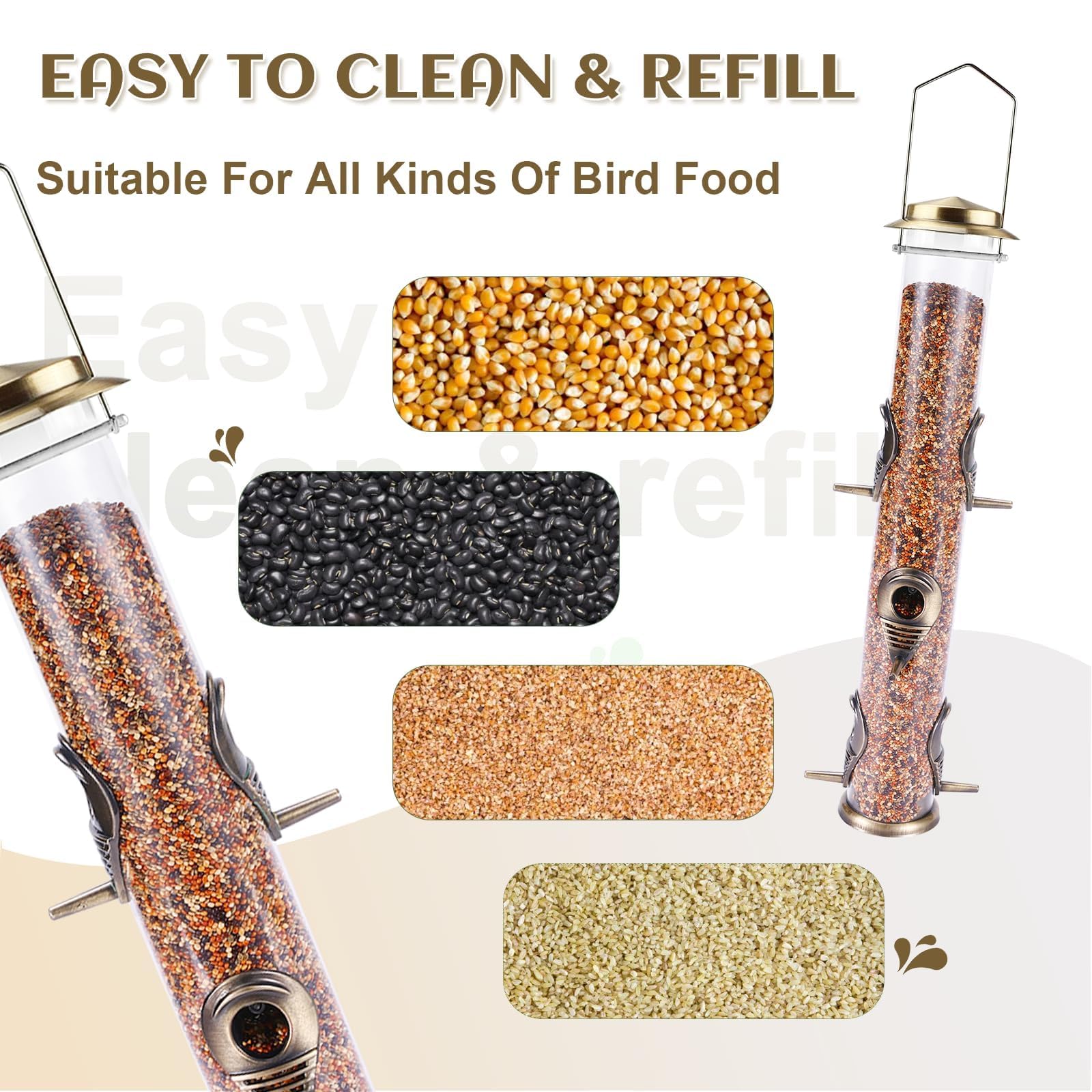 MIXXIDEA Metal Bird Feeder with 6 Feeding Ports, Bird Feeders for Outdoor Hanging, 16 inch Tube Bird Feeder with Steel Hanger & Hard Plastic, Attracting for Wild Birds (Bronze)