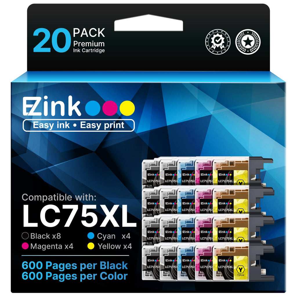 20 Pack E-Z Ink LC75XL Ink Cartridges Compatible for Brother LC75 Ink Cartridge LC 75 LC71 LC79 XL to Use with Brother MFC-J430W MFC-J6510DW MFC-J6710DW (8 Black, 4 Cyan, 4 Magenta, 4 Yellow)