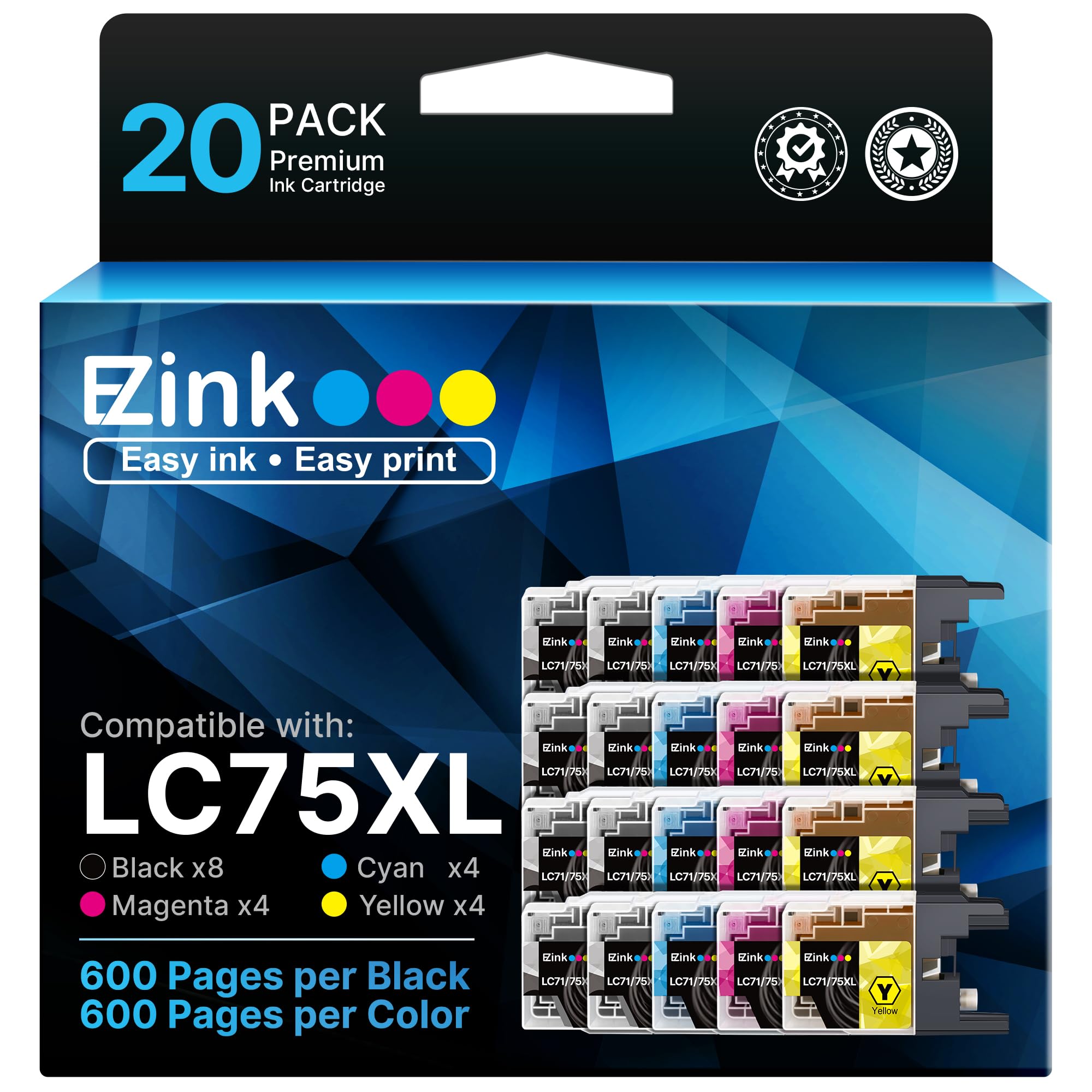 20 Pack E-Z Ink LC75XL Ink Cartridges Compatible for Brother LC75 Ink Cartridge LC 75 LC71 LC79 XL to Use with Brother MFC-J430W MFC-J6510DW MFC-J6710DW (8 Black, 4 Cyan, 4 Magenta, 4 Yellow)